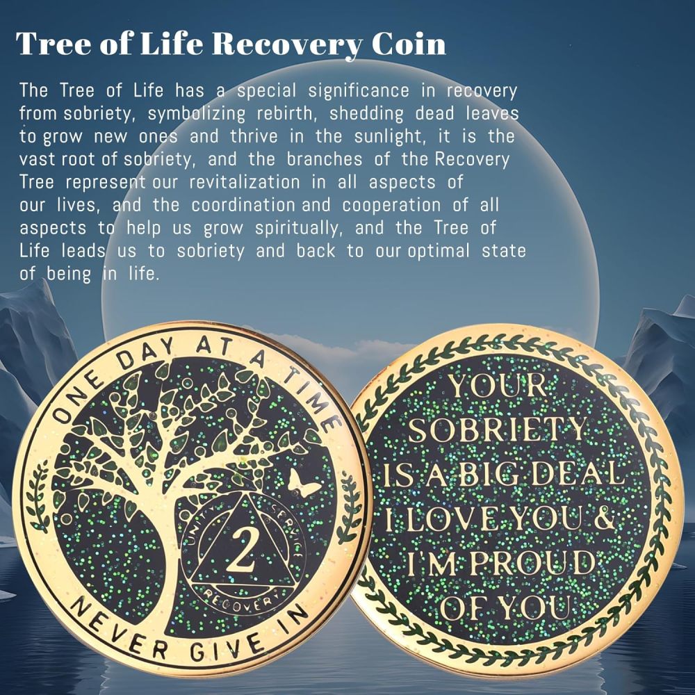 LParkin 2 Year Sobriety Coin, Tree of Life Recovery Coin, AA Recovery Medallion, Anniversary Token Sobriety Gifts, Alcoholics Anonymous Medallion