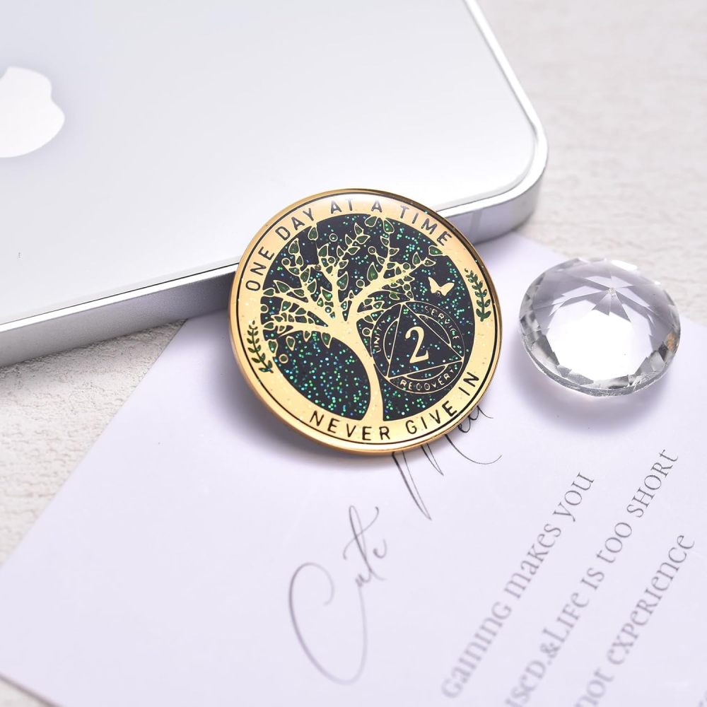 LParkin 2 Year Sobriety Coin, Tree of Life Recovery Coin, AA Recovery Medallion, Anniversary Token Sobriety Gifts, Alcoholics Anonymous Medallion