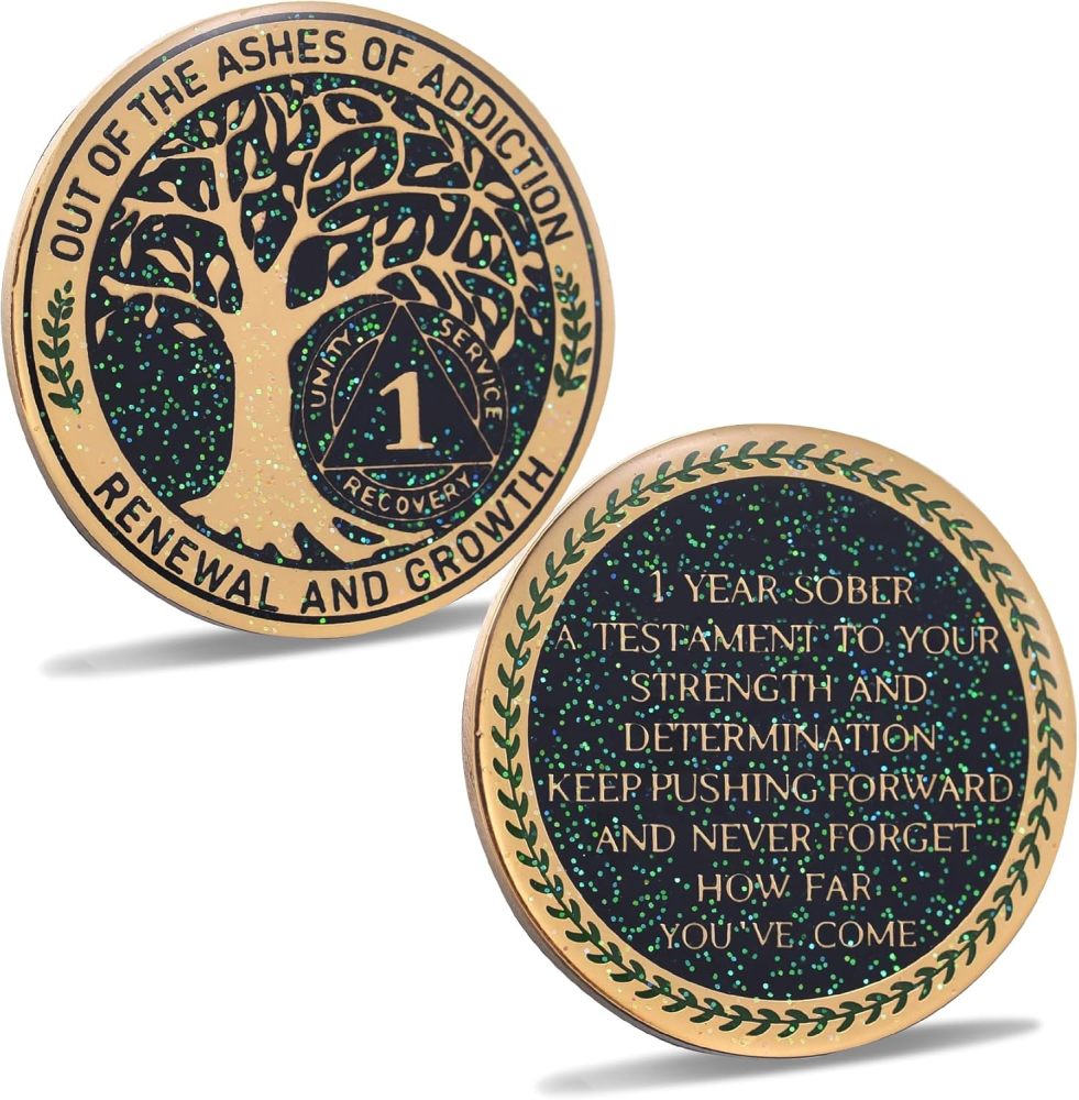 LParkin 1 Year Sobriety Coin Out of The Ashes of Addiction Renewal and Growth Tree of Life Recovery Coin, AA Recovery Medallion Coin Alcoholics Anonymous Coin