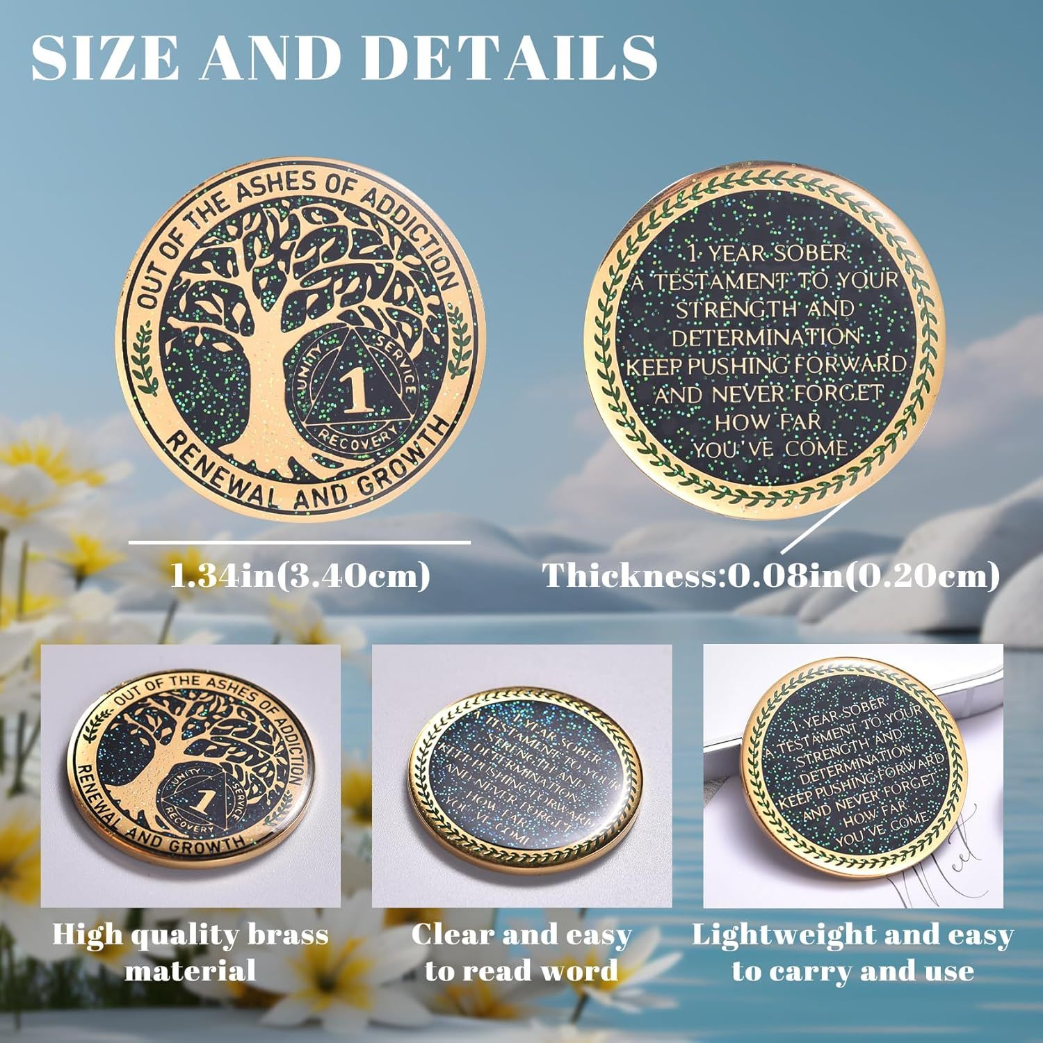 LParkin 1 Year Sobriety Coin Out of The Ashes of Addiction Renewal and Growth Tree of Life Recovery Coin, AA Recovery Medallion Coin Alcoholics Anonymous Coin
