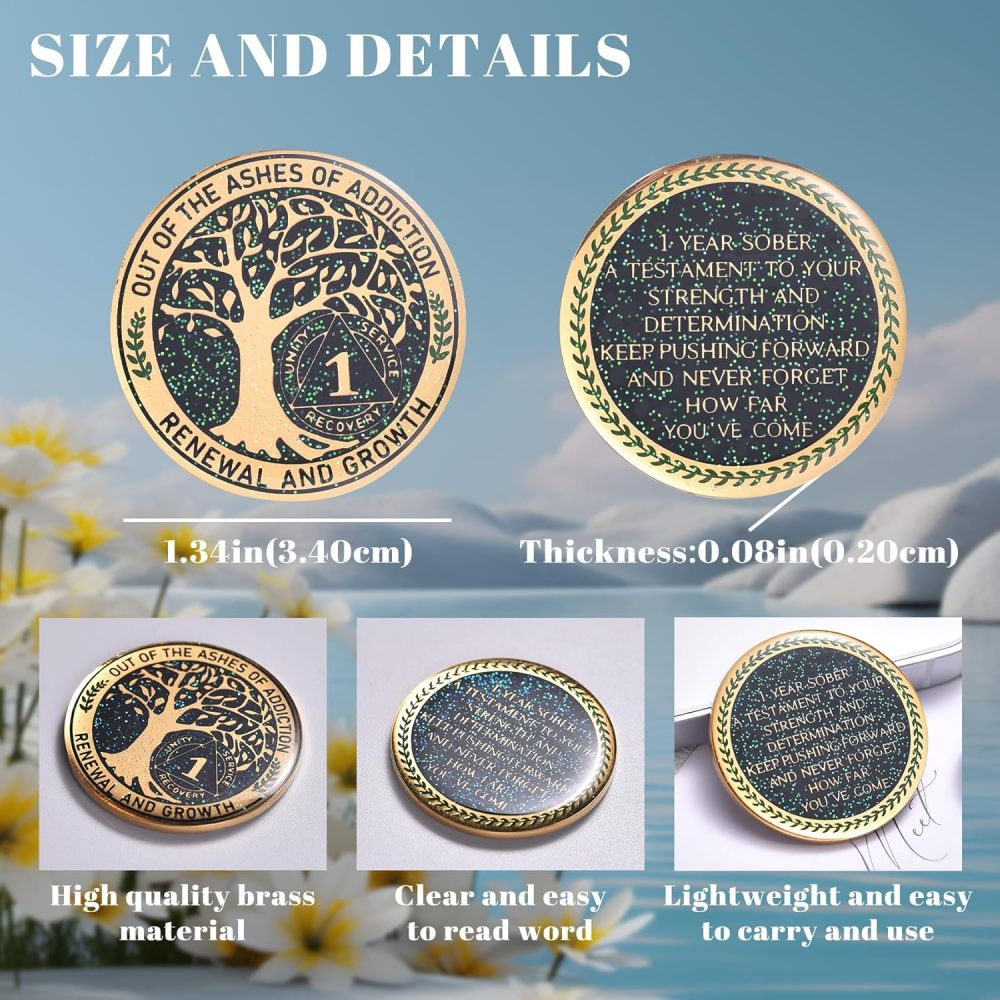 LParkin 1 Year Sobriety Coin Out of The Ashes of Addiction Renewal and Growth Tree of Life Recovery Coin, AA Recovery Medallion Coin Alcoholics Anonymous Coin