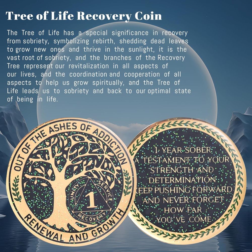 LParkin 1 Year Sobriety Coin Out of The Ashes of Addiction Renewal and Growth Tree of Life Recovery Coin, AA Recovery Medallion Coin Alcoholics Anonymous Coin