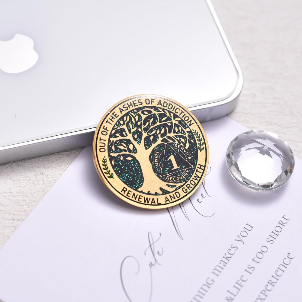 LParkin 1 Year Sobriety Coin Out of The Ashes of Addiction Renewal and Growth Tree of Life Recovery Coin, AA Recovery Medallion Coin Alcoholics Anonymous Coin