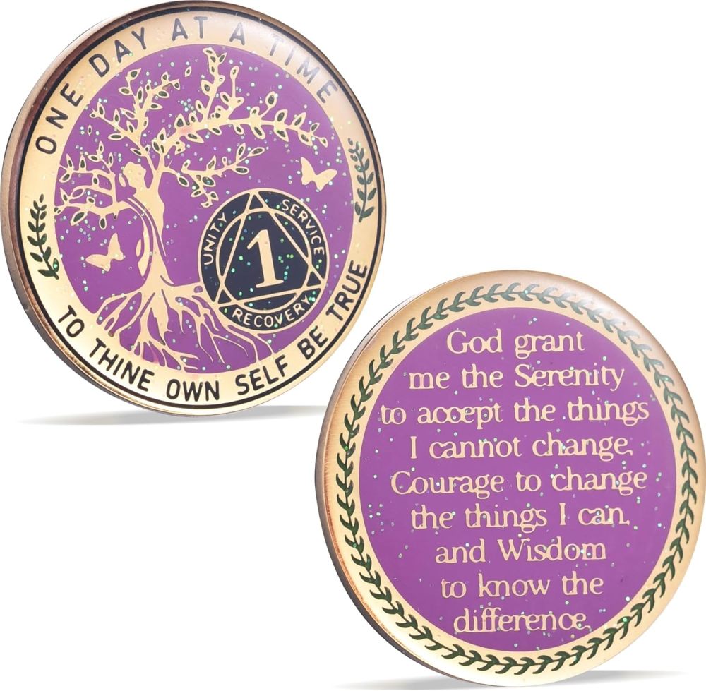 LParkin One Year Sobriety Coin AA Chips and Medallions Sobriety Coin for Women Tree of Life Recovery Coins Anniversary Token Sobriety Gifts Alcoholics Anonymous Gift - to Thine Own Self Be True