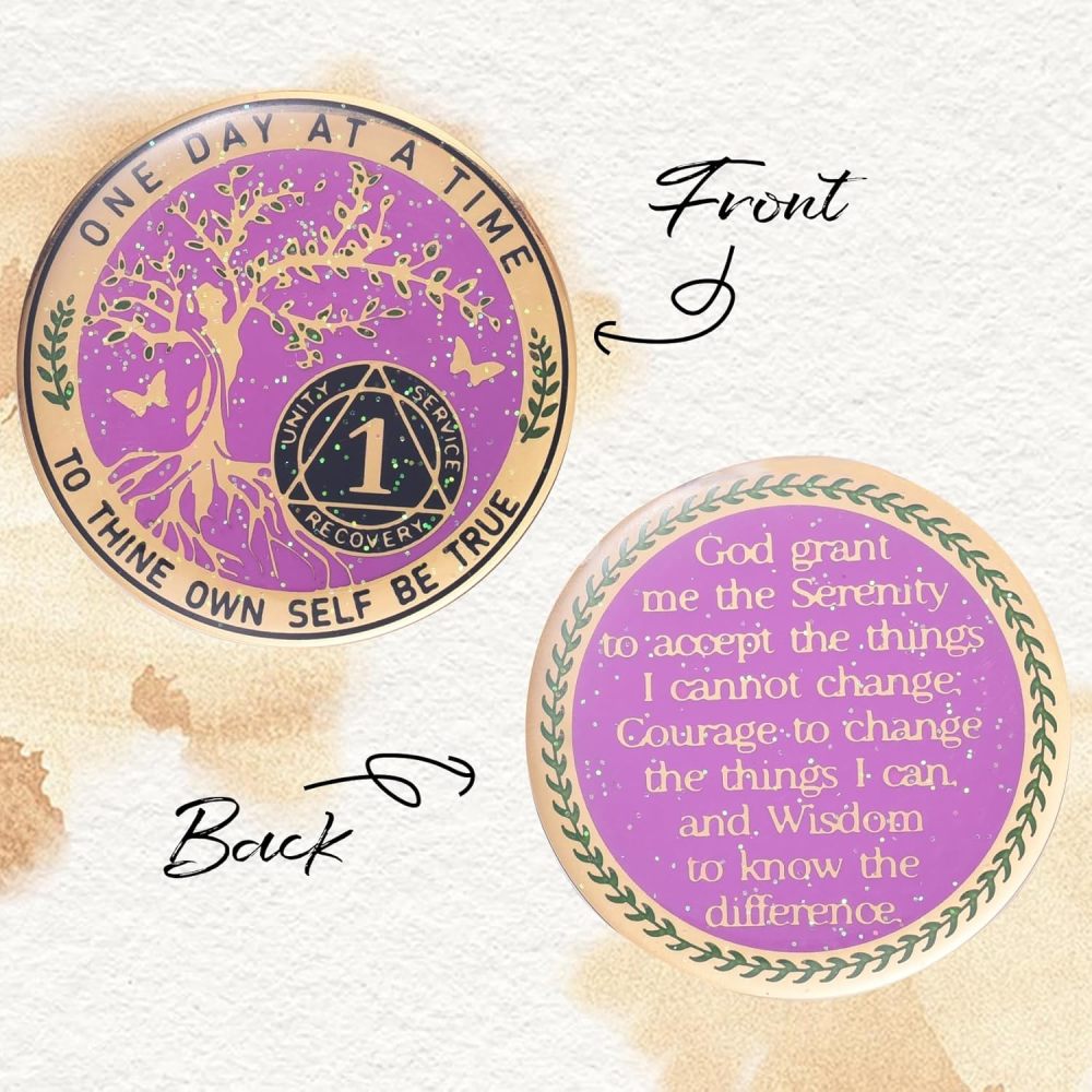 LParkin One Year Sobriety Coin AA Chips and Medallions Sobriety Coin for Women Tree of Life Recovery Coins Anniversary Token Sobriety Gifts Alcoholics Anonymous Gift - to Thine Own Self Be True