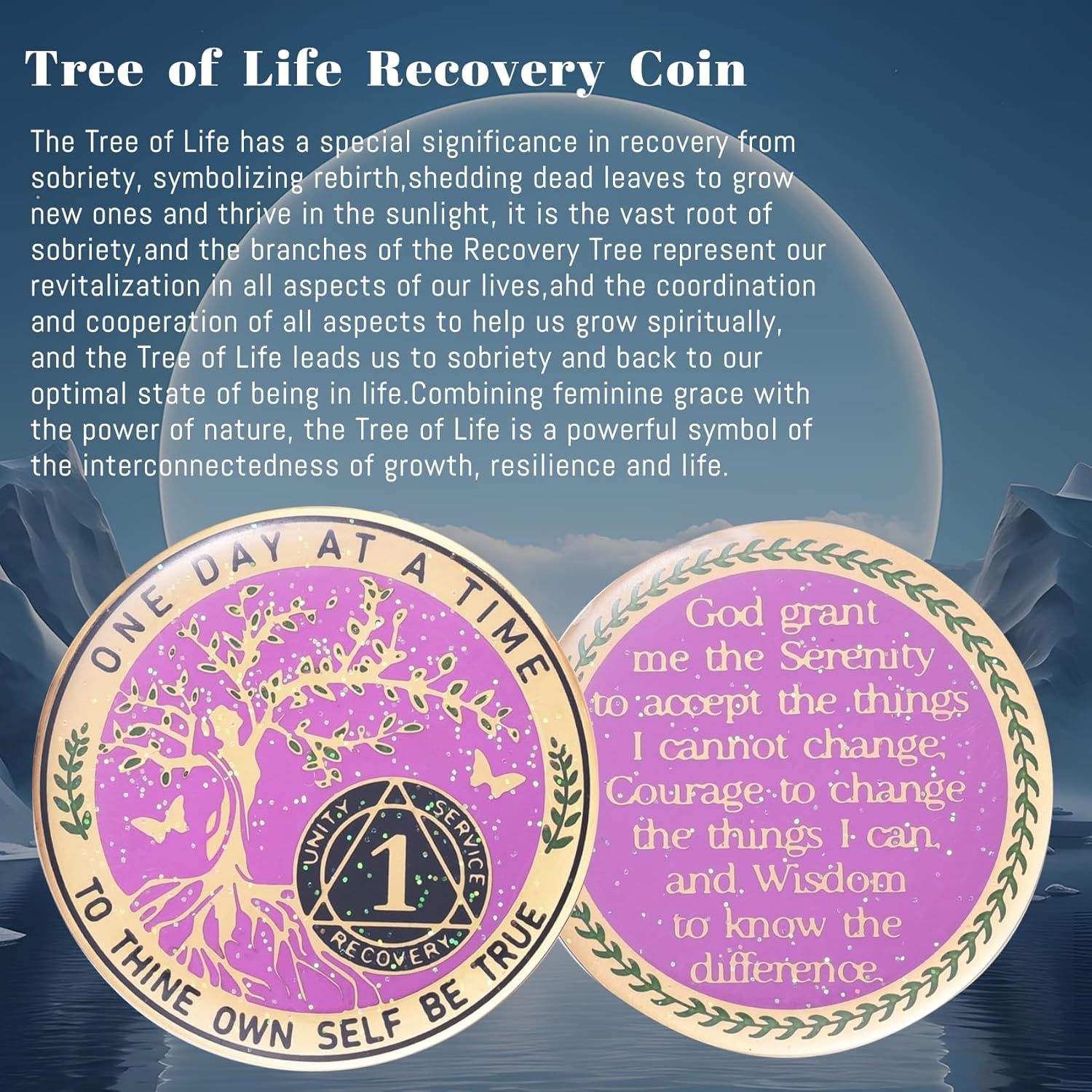 LParkin One Year Sobriety Coin AA Chips and Medallions Sobriety Coin for Women Tree of Life Recovery Coins Anniversary Token Sobriety Gifts Alcoholics Anonymous Gift - to Thine Own Self Be True