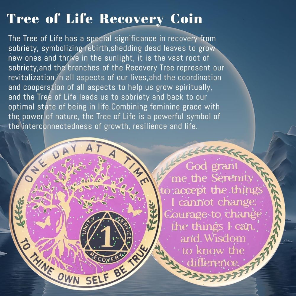 LParkin One Year Sobriety Coin AA Chips and Medallions Sobriety Coin for Women Tree of Life Recovery Coins Anniversary Token Sobriety Gifts Alcoholics Anonymous Gift - to Thine Own Self Be True