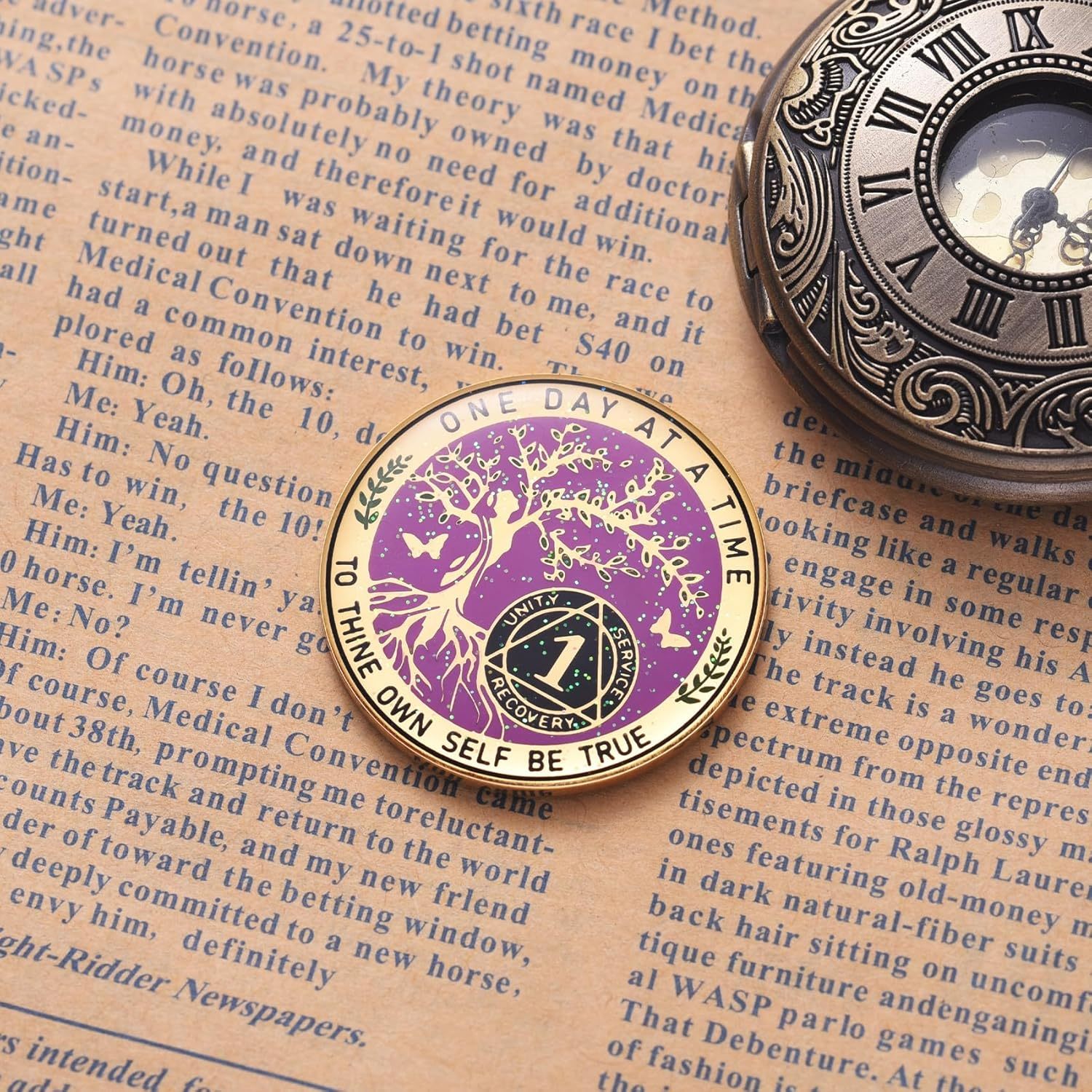 LParkin One Year Sobriety Coin AA Chips and Medallions Sobriety Coin for Women Tree of Life Recovery Coins Anniversary Token Sobriety Gifts Alcoholics Anonymous Gift - to Thine Own Self Be True