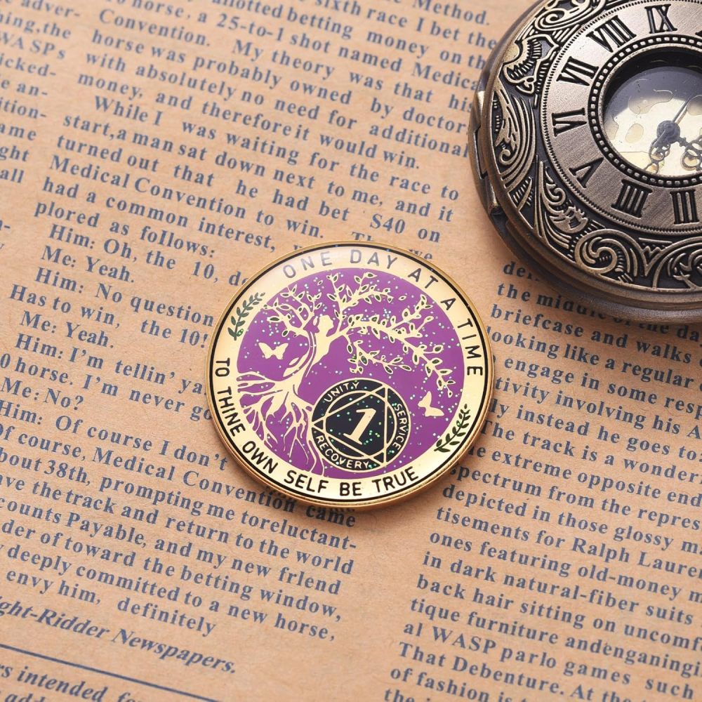 LParkin One Year Sobriety Coin AA Chips and Medallions Sobriety Coin for Women Tree of Life Recovery Coins Anniversary Token Sobriety Gifts Alcoholics Anonymous Gift - to Thine Own Self Be True