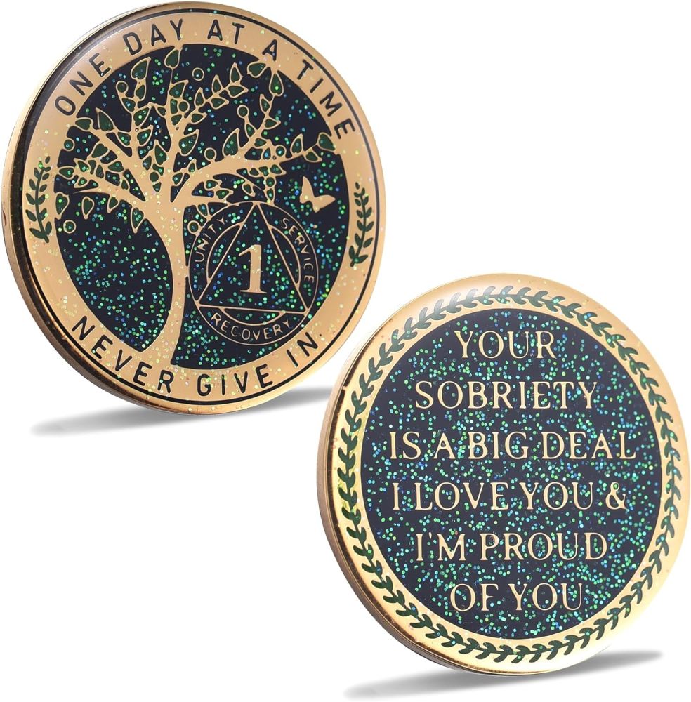 LParkin 1 Year Sobriety Coin, Tree of Life Recovery Coin, AA Recovery Medallion, Anniversary Token Sobriety Gifts, Alcoholics Anonymous Medallion