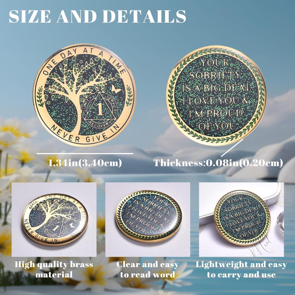 LParkin 1 Year Sobriety Coin, Tree of Life Recovery Coin, AA Recovery Medallion, Anniversary Token Sobriety Gifts, Alcoholics Anonymous Medallion