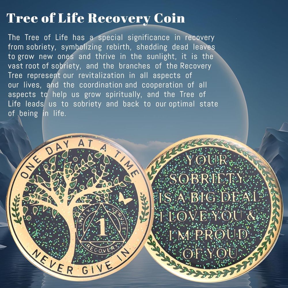 LParkin 1 Year Sobriety Coin, Tree of Life Recovery Coin, AA Recovery Medallion, Anniversary Token Sobriety Gifts, Alcoholics Anonymous Medallion