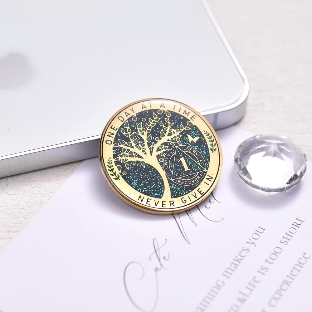 LParkin 1 Year Sobriety Coin, Tree of Life Recovery Coin, AA Recovery Medallion, Anniversary Token Sobriety Gifts, Alcoholics Anonymous Medallion