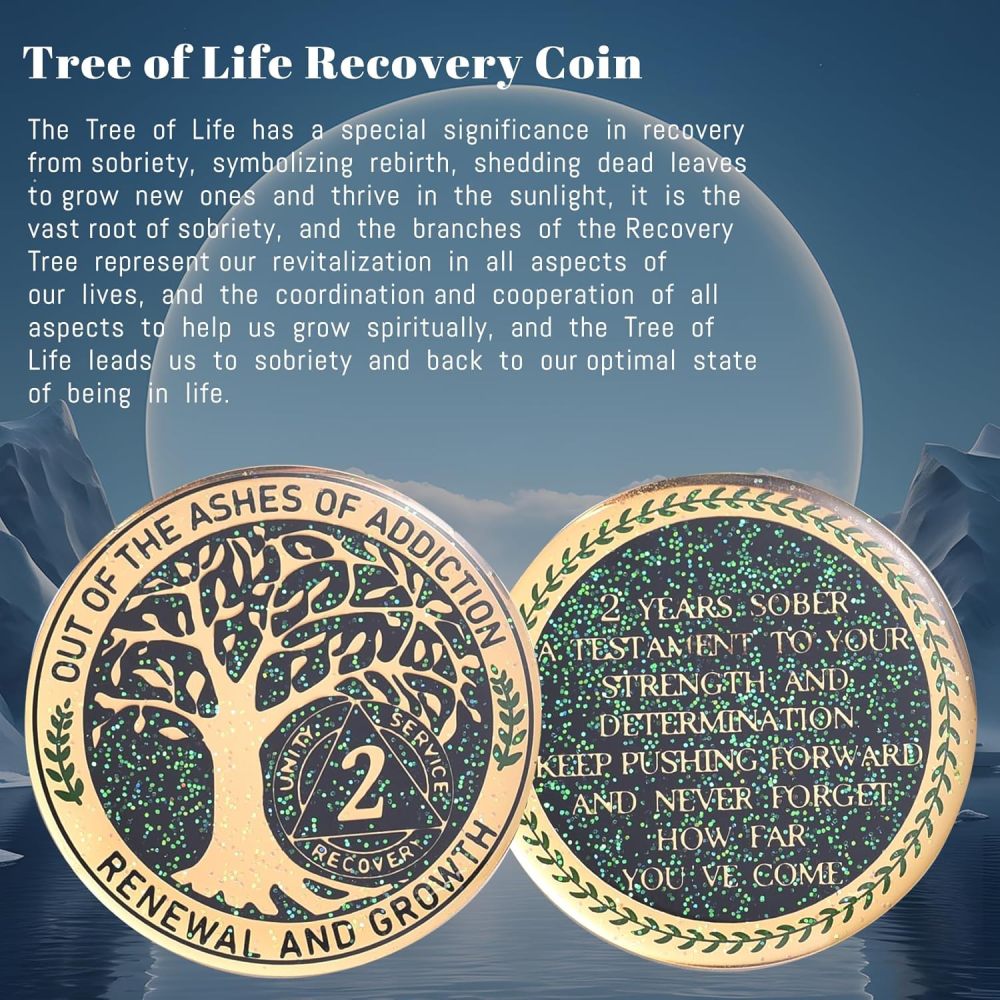 LParkin 2 Year Sobriety Coin, Tree of Life Recovery Coin, AA Recovery Medallion, Anniversary Token Sobriety Gifts, Alcoholics Anonymous Medallion