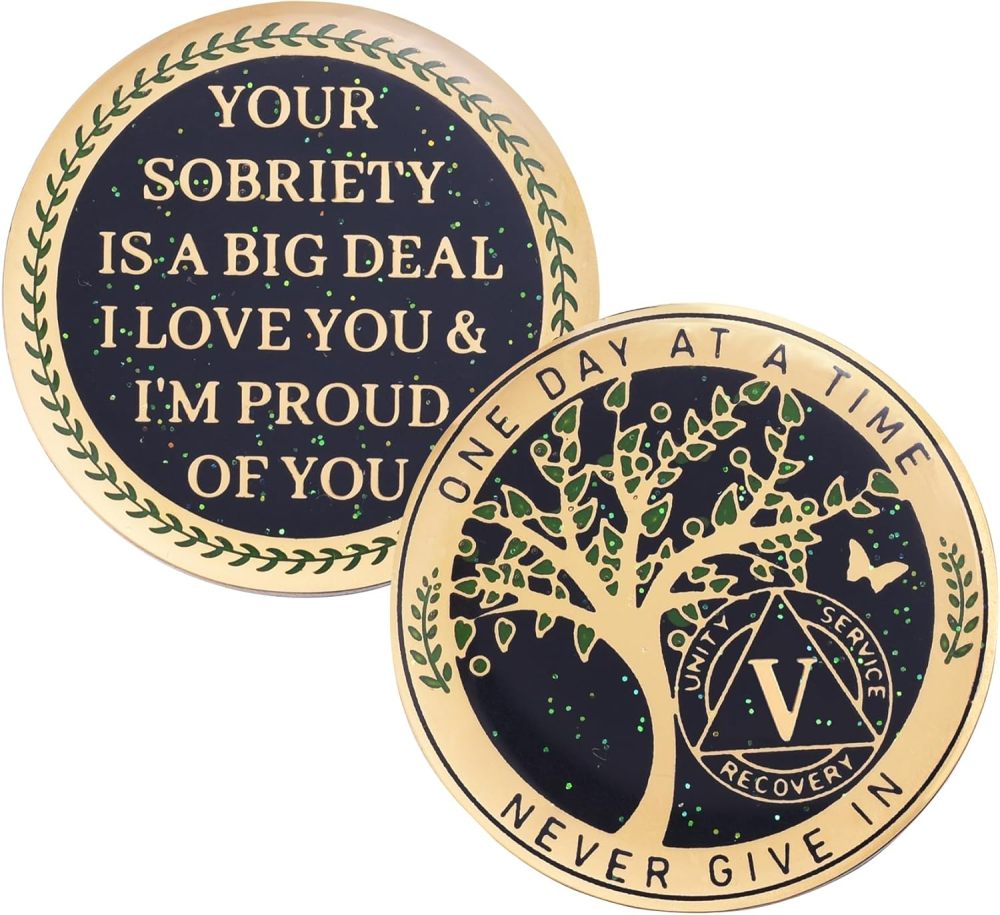 LParkin 5 Year Sobriety Coin, Tree of Life Sobriety Coin, AA Medallion, Sobriety Gifts for Women and Men, Sober Anniversary Token, Alcoholics Anonymous Medallion
