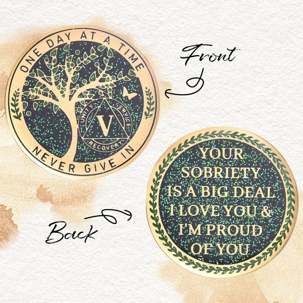 LParkin 5 Year Sobriety Coin, Tree of Life Sobriety Coin, AA Medallion, Sobriety Gifts for Women and Men, Sober Anniversary Token, Alcoholics Anonymous Medallion