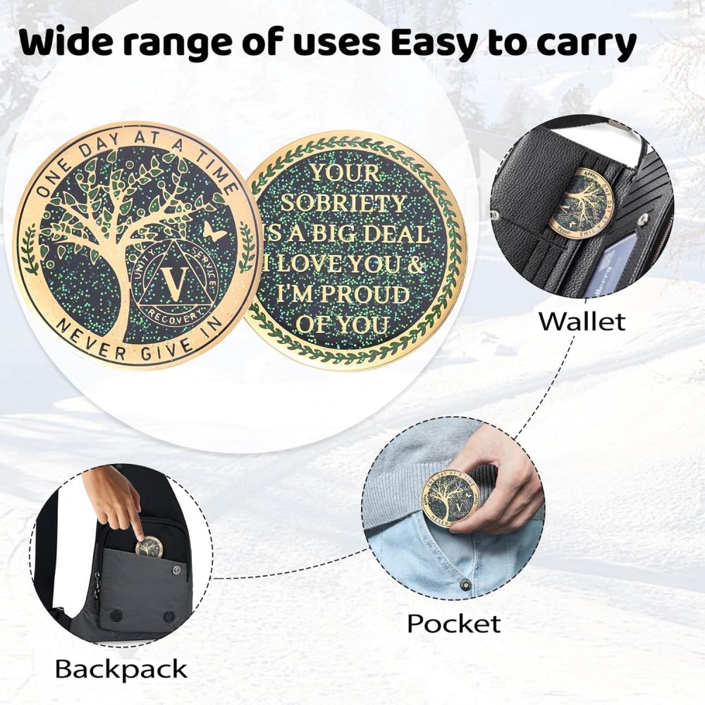 LParkin 5 Year Sobriety Coin, Tree of Life Sobriety Coin, AA Medallion, Sobriety Gifts for Women and Men, Sober Anniversary Token, Alcoholics Anonymous Medallion