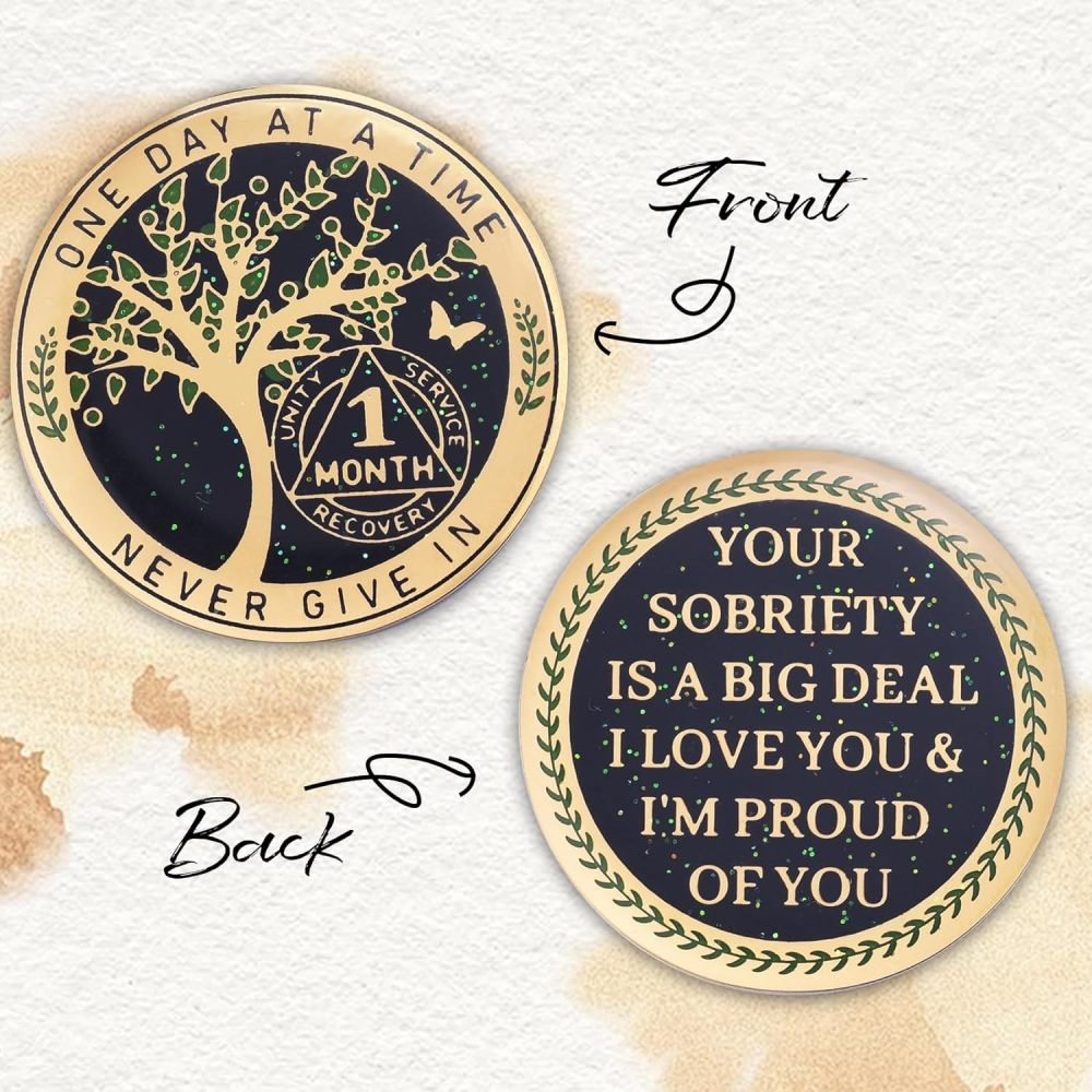 One Month Sobriety Coin AA Chips and Medallions Tree of Life Recovery Coins 30 Days Anniversary Token Sobriety Gifts for Men Women Alcoholics Anonymous Gifts