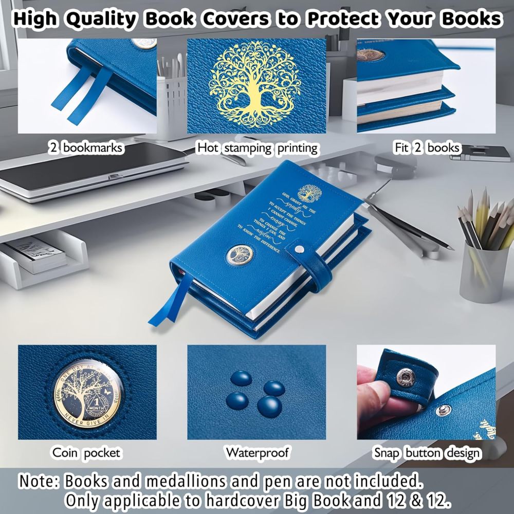 LParkin Double AA Big Book Cover with Coin Holder, PU Leather AA Book Covers for Hardcover, Fits AA Big Book and 12 Steps & 12 Traditions, Premium Design God Grant Me The Serenity Cover