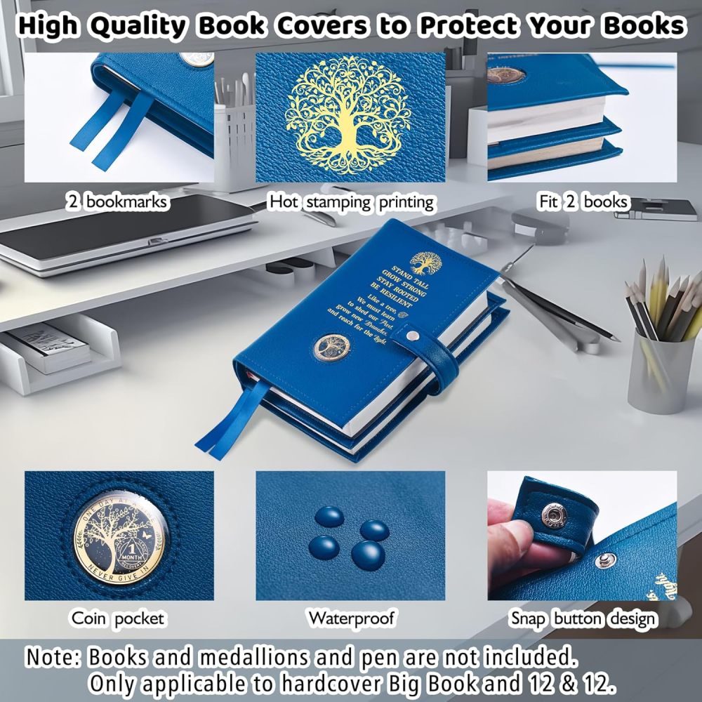 LParkin Double AA Big Book Cover with Coin Holder, PU Leather AA Book Covers for Hardcover, Fits AA Big Book and 12 Steps & 12 Traditions, Premium Design Like a Tree Cover