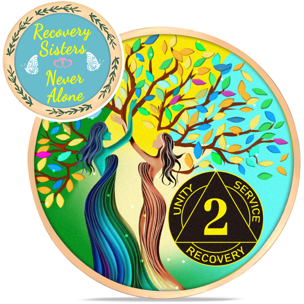 LParkin Recovery Sisters Coin, 2 Year Sobriety Coin, Sobriety Gifts for Women, Tree of Life 2 Year AA Coin, 2 Year Alcoholics Anonymous Medallion