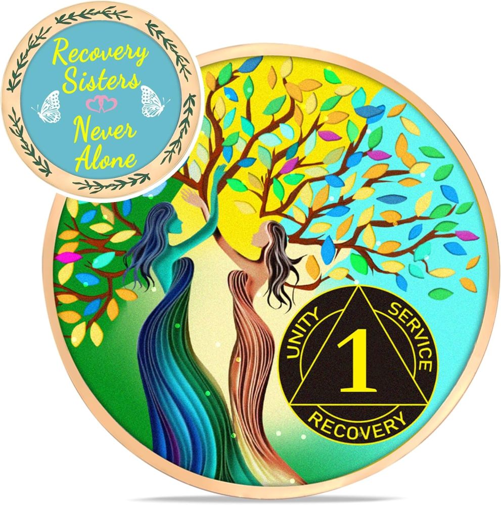 LParkin Recovery Sisters Coin, 1 Year Sobriety Coin, Tree of Life AA Coin, Sobriety Gifts for Women, Sober Anniversary Token, Alcoholics Anonymous Medallion