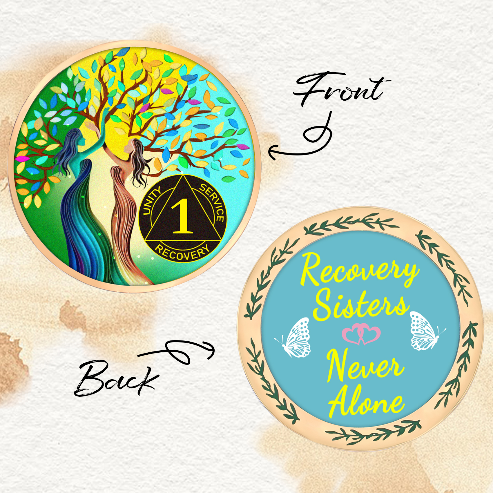 LParkin Recovery Sisters Coin, 1 Year Sobriety Coin, Tree of Life AA Coin, Sobriety Gifts for Women, Sober Anniversary Token, Alcoholics Anonymous Medallion
