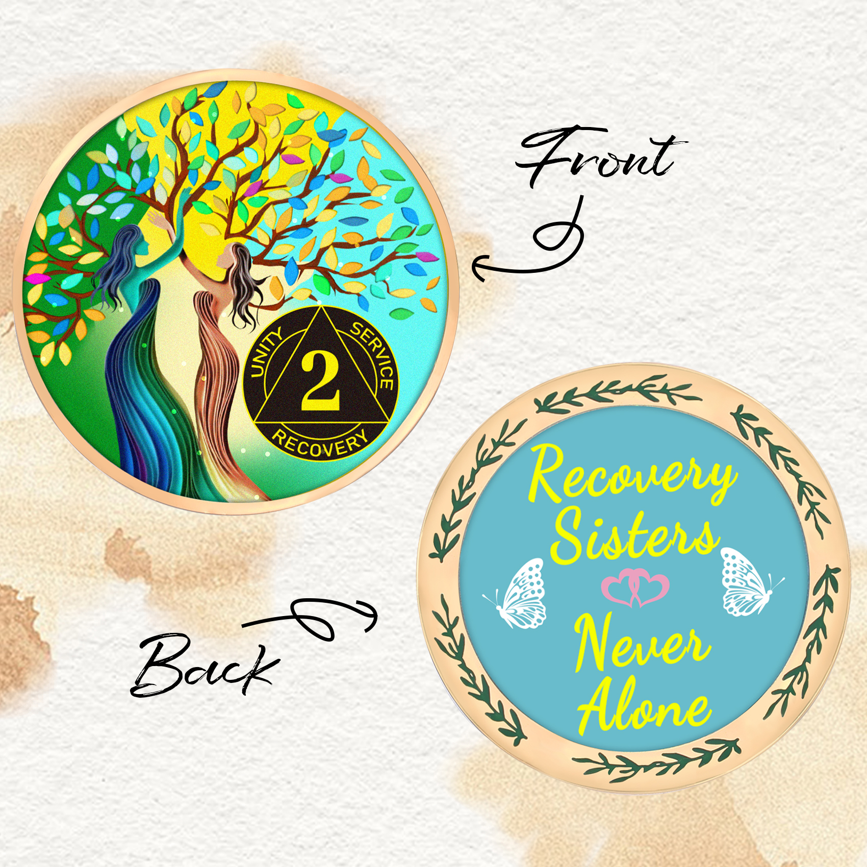 LParkin Recovery Sisters Coin, 2 Year Sobriety Coin, Sobriety Gifts for Women, Tree of Life 2 Year AA Coin, 2 Year Alcoholics Anonymous Medallion