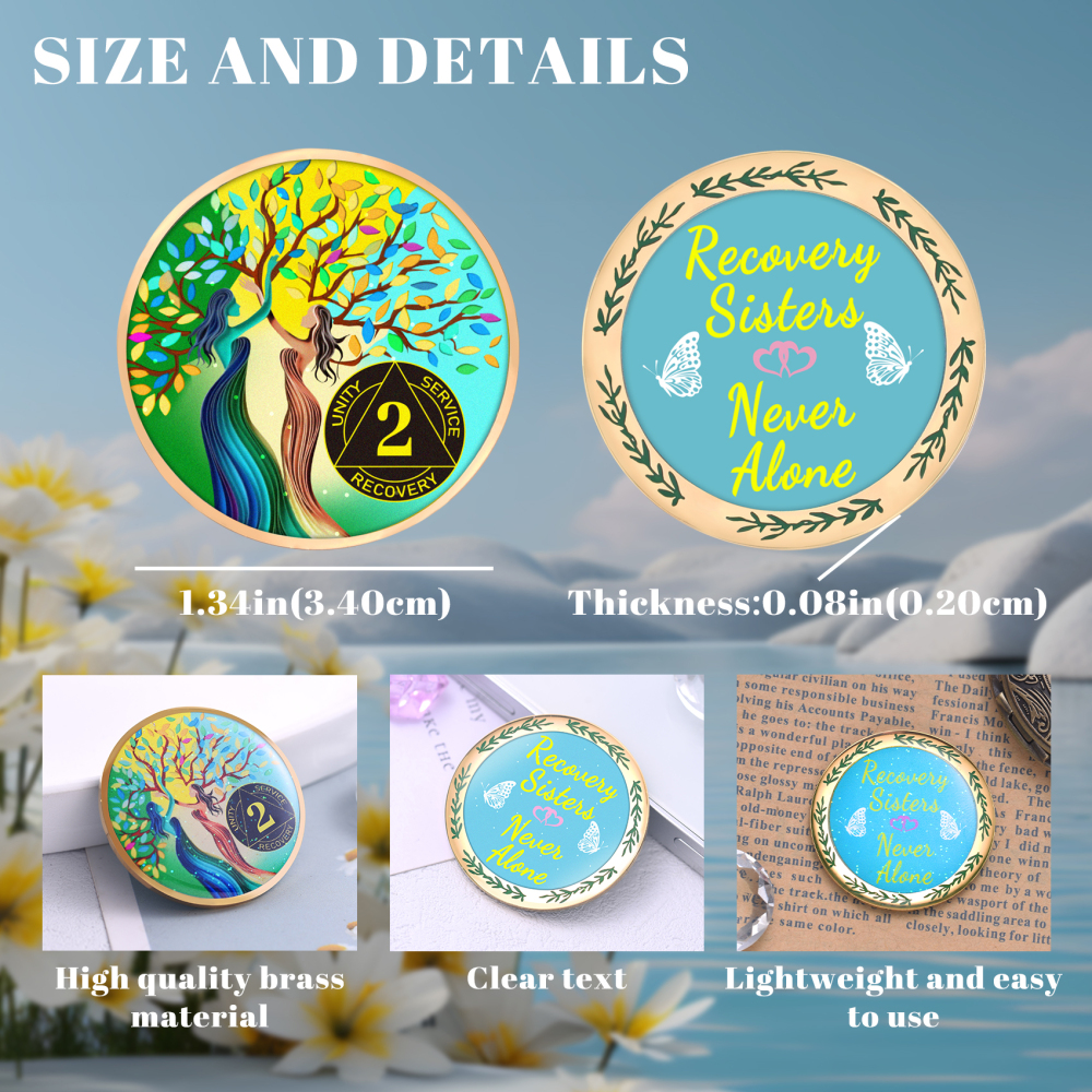 LParkin Recovery Sisters Coin, 2 Year Sobriety Coin, Sobriety Gifts for Women, Tree of Life 2 Year AA Coin, 2 Year Alcoholics Anonymous Medallion