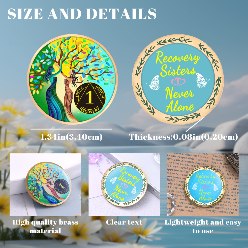 LParkin Recovery Sisters Coin, 1 Year Sobriety Coin, Tree of Life AA Coin, Sobriety Gifts for Women, Sober Anniversary Token, Alcoholics Anonymous Medallion