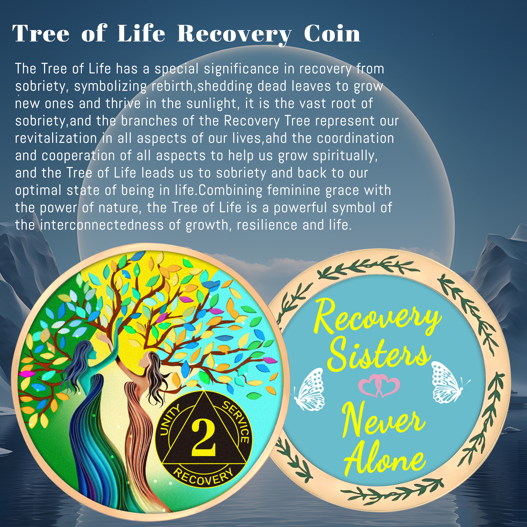 LParkin Recovery Sisters Coin, 2 Year Sobriety Coin, Sobriety Gifts for Women, Tree of Life 2 Year AA Coin, 2 Year Alcoholics Anonymous Medallion