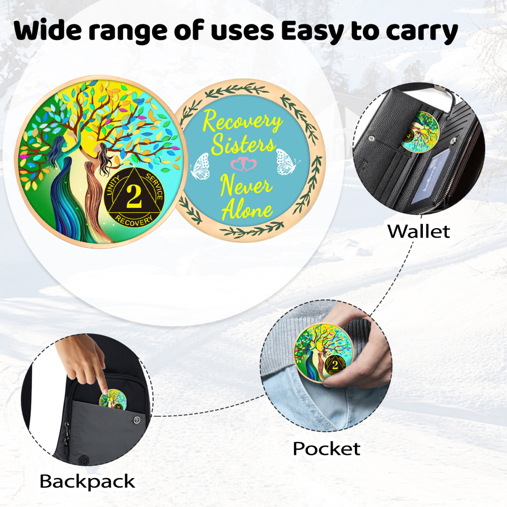 LParkin Recovery Sisters Coin, 2 Year Sobriety Coin, Sobriety Gifts for Women, Tree of Life 2 Year AA Coin, 2 Year Alcoholics Anonymous Medallion