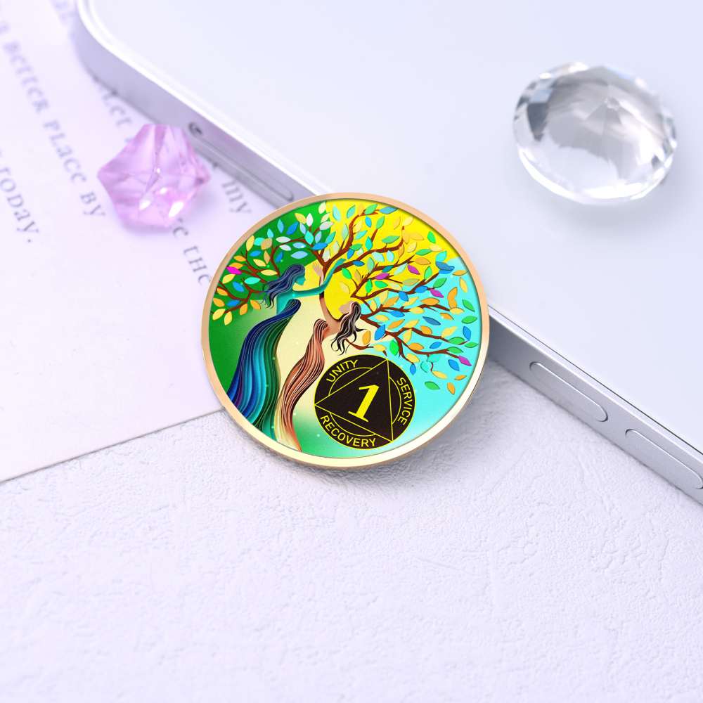 LParkin Recovery Sisters Coin, 1 Year Sobriety Coin, Tree of Life AA Coin, Sobriety Gifts for Women, Sober Anniversary Token, Alcoholics Anonymous Medallion