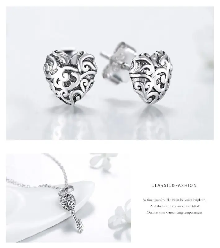 classic heart design earring/ring and necklace set, key pendant with heart shape