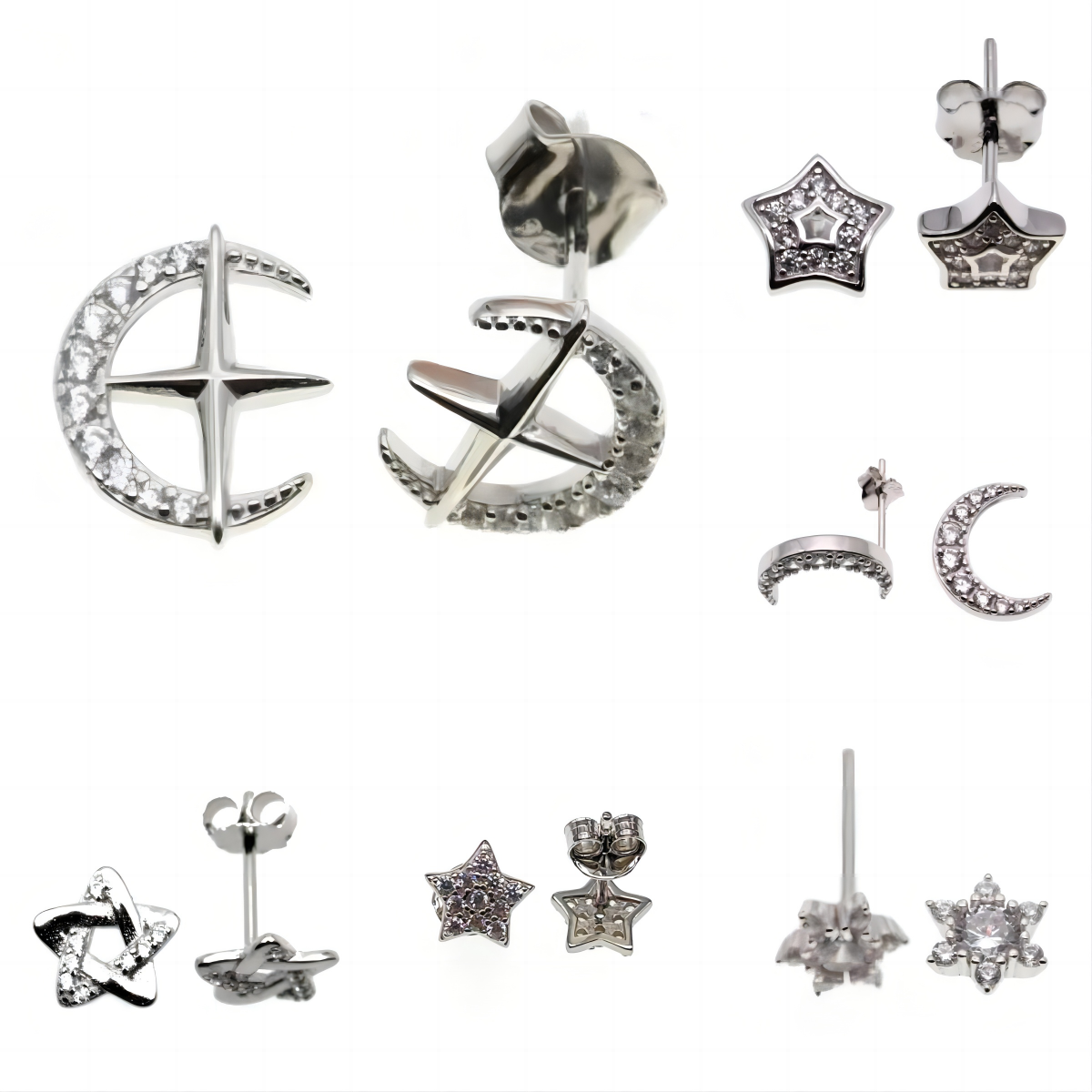 White CZ Moon&Star Stud Earrings ( L32 )