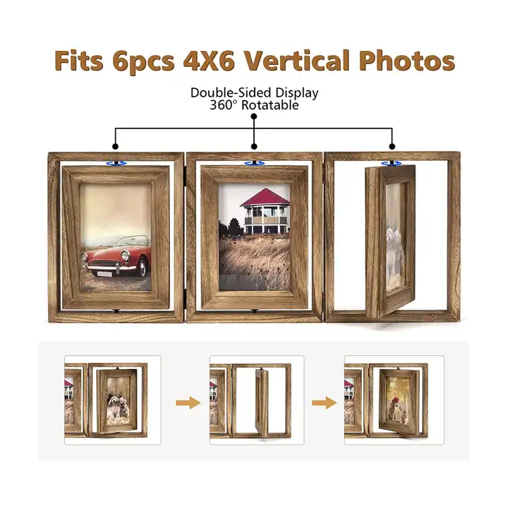Wholesale Rustic Wood Hinged Folding Triple Picture Frame Double-Sided Display Rotatable Photo Frame
