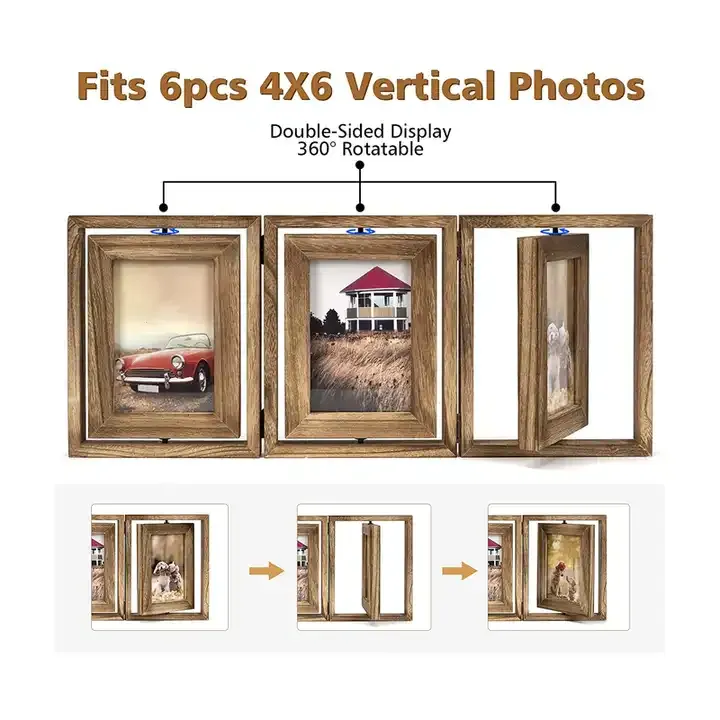 Wholesale Rustic Wood Hinged Folding Triple Picture Frame Double-Sided Display Rotatable Photo Frame