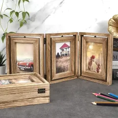 Wholesale Rustic Wood Hinged Folding Triple Picture Frame Double-Sided Display Rotatable Photo Frame