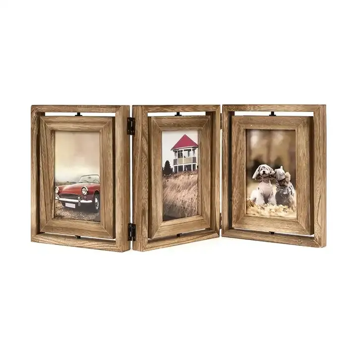 Wholesale Rustic Wood Hinged Folding Triple Picture Frame Double-Sided Display Rotatable Photo Frame