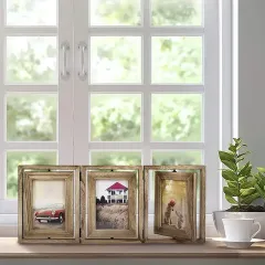 Wholesale Rustic Wood Hinged Folding Triple Picture Frame Double-Sided Display Rotatable Photo Frame