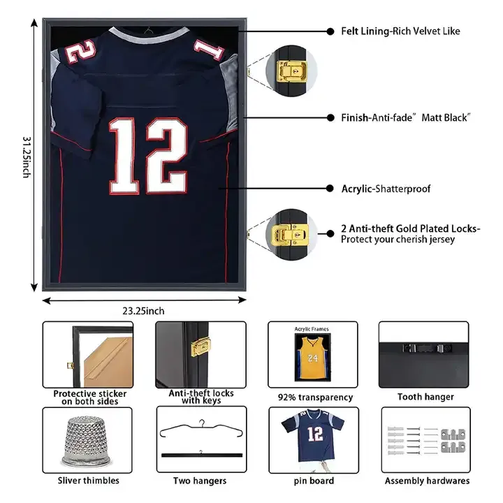 Wholesale Jersey Frame Display Case, Lockable Sport Jersey Shadow Box with 98% UV Protection Acrylic