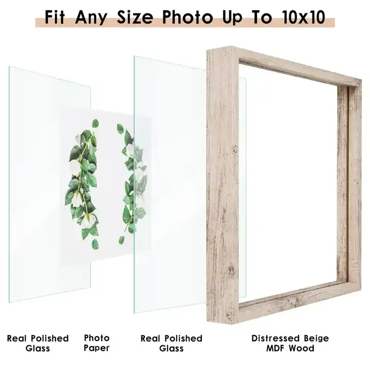 Customized Floating Wood Picture Frame Double Glass Rustic Photo Frame
