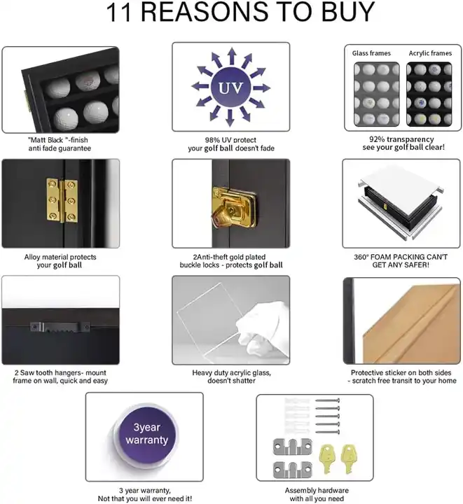 Wholesale Golf Ball Display Case, Lockable Shadow Box for Golf Enthusiasts, Rack Cabinet with 98% UV Protection Acrylic Glass Door