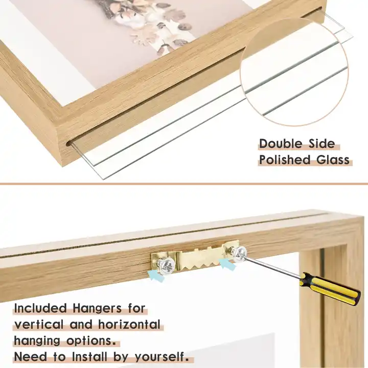 Customized Floating Wood Picture Frame Double Glass Rustic Photo Frame