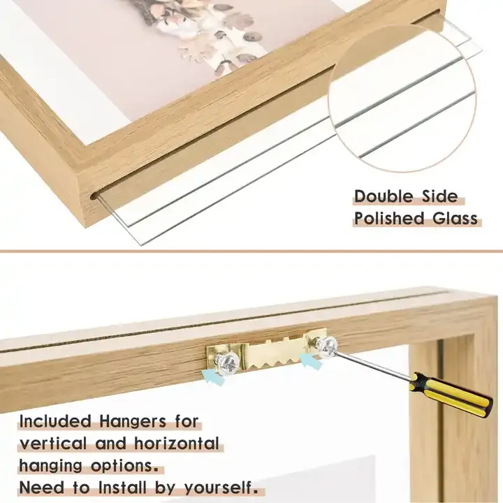 Customized Floating Wood Picture Frame Double Glass Rustic Photo Frame