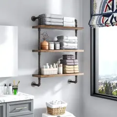 Custom Industrial Water Pipe Floating Shelves Wood & Metal Wall Mounted Shelves