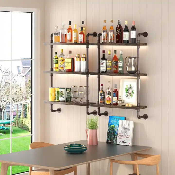 Custom Industrial Water Pipe Floating Shelves Wood & Metal Wall Mounted Shelves