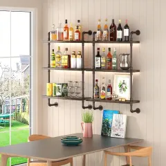 Custom Industrial Water Pipe Floating Shelves Wood & Metal Wall Mounted Shelves