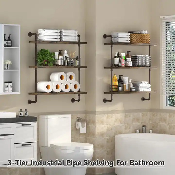 Custom Industrial Water Pipe Floating Shelves Wood & Metal Wall Mounted Shelves