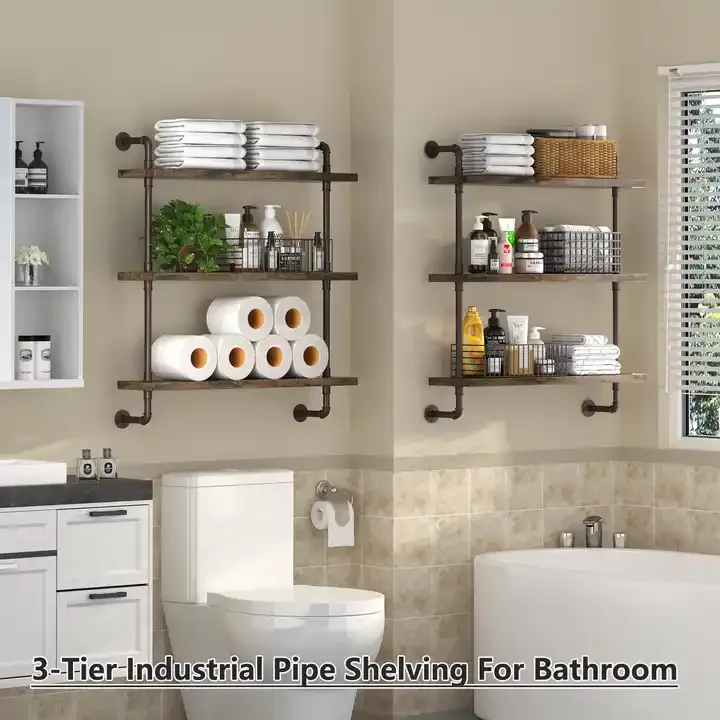 Custom Industrial Water Pipe Floating Shelves Wood & Metal Wall Mounted Shelves